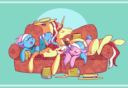 Size: 1440x992 | Tagged: safe, artist:goatsocks, aloe, flam, flim, lotus blossom, double barreled shipping, female, flim flam brothers, flim skim, male, pony pile, shipping, sleeping, sofa, spa twins, straight