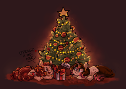 Size: 1280x906 | Tagged: safe, artist:askpopcorn, derpibooru import, oc, oc only, ask popcorn, christmas, christmas tree, present, russian, tree, tumblr