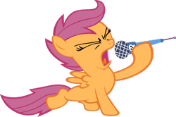 Size: 1280x848 | Tagged: safe, artist:moongazeponies, derpibooru import, scootaloo, the show stoppers, eyes closed, microphone, simple background, singing, solo, transparent background, vector