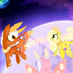 Size: 1900x1900 | Tagged: safe, artist:meekcheep, derpibooru import, oc, oc only, mothpony, original species, pony, earth, female, male, mare, mare in the moon, moon, moth pony general, signature, space, stallion, unshorn fetlocks