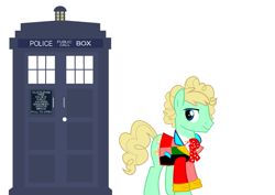 Size: 1053x745 | Tagged: safe, derpibooru import, doctor whooves, clothes, cravat, frock coat, polka dots, shirt, sixth doctor, solo, tardis