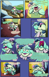 Size: 1024x1609 | Tagged: safe, artist:firefanatic, bon bon, lyra heartstrings, sweetie drops, comic:agents of hoo-men, fluffy, panic, panting, ponies riding ponies, wall eyed, what is hoo-man