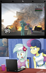 Size: 1458x2322 | Tagged: safe, artist:the-butch-x, bon bon, lyra heartstrings, sweetie drops, equestria girls, :p, bon bon is not amused, brony, computer, grand theft auto, gta san andreas, laptop computer, lyra doing lyra things, lyrabon laptop, tongue out, unamused, video game, when you see it