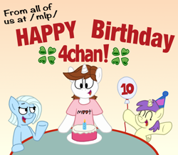 Size: 1752x1518 | Tagged: safe, artist:sketchymouse, derpibooru import, alula, pluto, princess erroria, oc, oc:tracy cage, /mlp/, 4chan, 4chan party hat, cake, moot, ponified