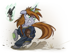 Size: 1024x745 | Tagged: safe, artist:allyster-black, artist:ncmares, artist:ralek, oc, oc only, oc:littlepip, pony, unicorn, collaboration, fallout equestria, action pose, badass, clothes, fanfic, fanfic art, female, glowing horn, gritted teeth, gun, gunfire, handgun, hooves, horn, jumpsuit, levitation, little macintosh, looking at something, magic, mare, optical sight, pipbuck, pipleg, revolver, simple background, solo, teeth, telekinesis, transparent background, vault suit, weapon