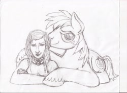 Size: 3507x2550 | Tagged: safe, artist:harryclopper, derpibooru import, big macintosh, earth pony, human, pony, collar, female, implied stallion on human female, looking at you, male, monochrome, nuzzling, sketch, stallion, traditional art