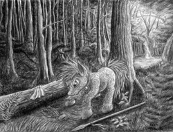 Size: 3192x2448 | Tagged: safe, artist:raedin, oc, oc only, forest, grayscale, monochrome, runes, solo, spear, traditional art