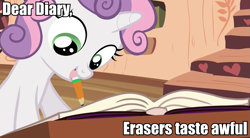 Size: 955x526 | Tagged: safe, screencap, sweetie belle, twilight time, diary, eraser, image macro, meme, solo