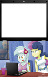 Size: 1458x2322 | Tagged: safe, artist:the-butch-x, bon bon, lyra heartstrings, sweetie drops, equestria girls, :p, computer, exploitable, frown, glare, laptop computer, lyrabon laptop, meme, smiling, template, tongue out