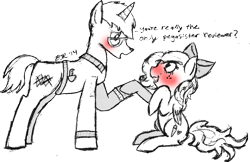 Size: 643x416 | Tagged: safe, artist:ourstarsarefaulty, trenderhoof, oc, oc:kimi sparkle, blushing, canon x oc, eye contact, holding hooves, open mouth, shipping, sitting, smiling