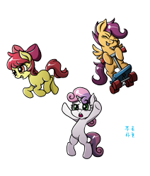 Size: 1872x2208 | Tagged: safe, artist:mrs1989, apple bloom, scootaloo, sweetie belle, pony, bipedal, cutie mark crusaders, scooter