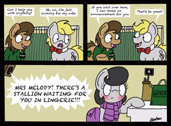 Size: 2480x1826 | Tagged: safe, artist:bobthedalek, oc, oc only, oc:mixed melody, oc:octavia's father, oc:octavia's mother, oc:ostinato melody, earth pony, pony, blushing, clothes, comic, dialogue, out of context, scarf, shirt