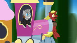 Size: 1024x576 | Tagged: safe, artist:xain-russell, derpibooru import, oc, oc only, oc:firebrand, evil grin, friendship express, grin, josh scorcher, mystery on the friendship express, review, screaming, smiling, the autarch, the fiery joker, title card, train