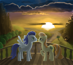 Size: 3733x3323 | Tagged: safe, artist:pterocorn, junebug, soarin', ask, junebug answers, sunset, tumblr