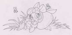 Size: 3022x1502 | Tagged: safe, artist:dfectivedvice, apple bloom, bee, ladybug, grayscale, monochrome, sketch, solo, tiny, traditional art