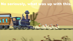 Size: 929x522 | Tagged: safe, derpibooru import, edit, edited screencap, screencap, caboose, evening star, full steam, john bull, promontory, earth pony, pony, over a barrel, caption, desert, male, stallion, train