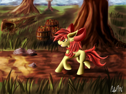 Size: 1600x1200 | Tagged: safe, artist:calebp1716, apple bloom, apple, barrel, basket, path, solo, tree