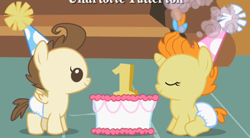 Size: 1246x689 | Tagged: safe, screencap, pound cake, pumpkin cake, baby cakes, babies, baby ponies, cake, cake twins, cute, diaper, diapered, diapered colt, diapered filly, diapered foals, female, filly, happy, happy babies, hat, one month old colt, one month old filly, one month old foals, party hat, siblings, sitting, smiling, standing, twins, white diapers