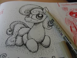 Size: 3456x2592 | Tagged: source needed, safe, artist:alumx, derpibooru import, sweetie belle, drawing, monochrome, photo, pointillism, traditional art