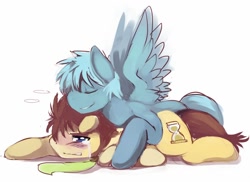 Size: 850x618 | Tagged: safe, artist:ende26, derpibooru import, doctor whooves, star hunter, blushing, crying, gay, hug, jack harkness, male, stardoc