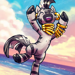 Size: 1600x1600 | Tagged: safe, artist:kp-shadowsquirrel, zecora, zebra, beach, cute, eyes closed, female, happy, open mouth, solo, water, zecorable