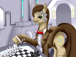 Size: 1032x774 | Tagged: safe, artist:brab777, derpibooru import, doctor whooves, cyborg, chess, chessboard incorrectly oriented, doctor who, eleventh doctor, mr clever, nightmare in silver, ponified, scene interpretation, solo