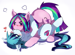 Size: 1301x965 | Tagged: safe, artist:hisshi shoujo, aria blaze, sonata dusk, earth pony, pony, equestria girls, arisona, blushing, cuddling, equestria girls ponified, explicit source, eyes closed, female, fluffy, heart, kissing, lesbian, mare, on back, ponified, shipping, smiling, snuggling