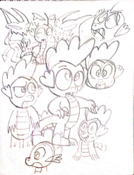 Size: 781x1023 | Tagged: safe, artist:toon-n-crossover, derpibooru import, spike, dragon, doodles, monochrome, practice, reference sheet, traditional art