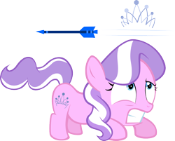 Size: 1018x818 | Tagged: safe, artist:magerblutooth, diamond tiara, arrow, dodge, ducking, gritted teeth, scared, solo, wide eyes