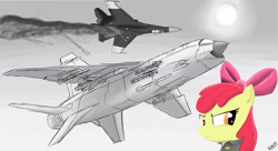 Size: 2650x1440 | Tagged: safe, artist:pak-faace1234, derpibooru import, apple bloom, colored, cutie mark crusaders, fighter, missile, monochrome, plane, su-27, xf8u-iii super crusader