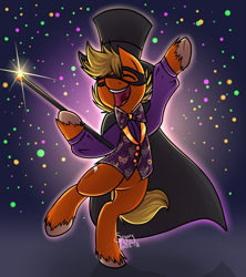 Size: 2749x3097 | Tagged: safe, artist:sugaryviolet, oc, oc only, oc:apple flip, clothes, costume, crane, dancing, hat, mardi gras, solo, top hat, unshorn fetlocks, waistcoat