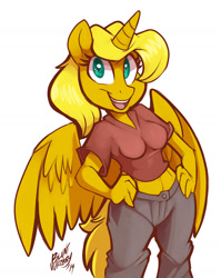 Size: 1280x1609 | Tagged: safe, artist:bluntwhiskey, derpibooru import, oc, oc only, oc:ticket, alicorn, anthro, alicorn oc, anthro oc, belly button, clothes, hand on hip, midriff, open mouth, pants, shirt, smiling, solo, spread wings, ticket