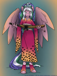 Size: 896x1200 | Tagged: safe, artist:kaemantis, oc, oc only, anthro, spider, unguligrade anthro, clothes, dress, katana, kimono (clothing), solo, sword, weapon