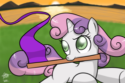 Size: 1024x683 | Tagged: safe, artist:mister-markers, derpibooru import, sweetie belle, flag, mouth hold, solo