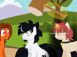 Size: 640x480 | Tagged: safe, artist:aha-mccoy, oc, oc only, oc:aha mclovin, oc:corel, oc:gamercolt, earth pony, pegasus, pony, unicorn, chest fluff, collar, female, glowing eyes, levitation, magic, male, mallet, mare, stallion, telekinesis