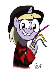 Size: 1536x2086 | Tagged: safe, artist:petirep, derpibooru import, dinky hooves, clothes, costume, freddy krueger, nightmare on elm street, pipe cleaners, simple background, solo, transparent background