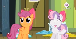 Size: 711x366 | Tagged: safe, screencap, scootaloo, sweetie belle, somepony to watch over me, hub logo