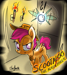 Size: 850x939 | Tagged: safe, artist:terkatoriam, derpibooru import, scootaloo, indiana jones, navi, scootalootheadventurer, the legend of zelda