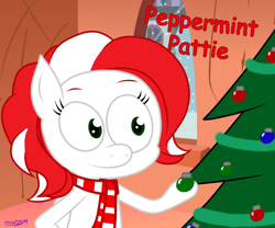 Size: 1024x853 | Tagged: safe, artist:random-grimm, derpibooru import, oc, oc only, oc:peppermint pattie, .mov, christmas tree, clothes, scarf, solo, style emulation, tree