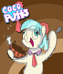Size: 2573x3000 | Tagged: safe, artist:clamstacker, derpibooru import, coco pommel, rarity takes manehattan, cereal, cocoa puffs, derp, product placement, pun, solo