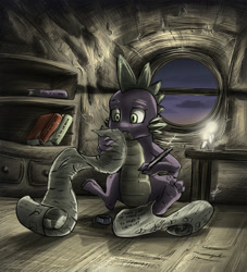 Size: 1024x1126 | Tagged: safe, artist:slawomiro, derpibooru import, spike, dragon, candle, quill, scroll, solo, writing