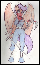 Size: 384x620 | Tagged: safe, artist:drpain, derpibooru import, scootaloo, anthro, bipedal, crossover, cypher, falchion, solo, strider, strider hiryu, traditional art, weapon