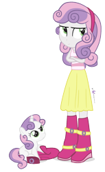 Size: 660x1080 | Tagged: safe, artist:dm29, derpibooru import, sweetie belle, equestria girls, duo, human ponidox, pony pet, simple background, square crossover, sweetie belle is not amused, transparent background