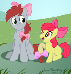 Size: 360x377 | Tagged: safe, artist:brianblackberry, apple bloom, oc, oc:carrot fields, bowtie, crossdressing