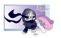 Size: 1641x1026 | Tagged: safe, artist:ethaes, derpibooru import, sweetie belle, clothes, headband, looking at you, magic, ninja, paper, raised hoof, shuriken, solo, tape, telekinesis, wind