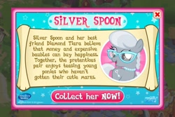 Size: 960x640 | Tagged: safe, derpibooru import, screencap, silver spoon, bio, description, game, gameloft, implied diamond tiara, solo, text