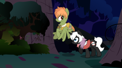 Size: 1024x572 | Tagged: safe, artist:ivyhaze, derpibooru import, daisy, flower wishes, oc, pegasus, pony, unicorn, everfree forest, flying, misha