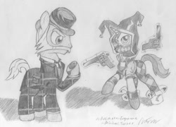 Size: 1024x736 | Tagged: safe, artist:animate-ergonome, clothes, crossover, gun, monochrome, mr underwood, ponified, suit, timesplitters, viola (timesplitters), watch