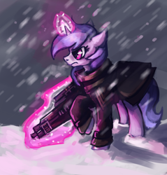 Size: 3810x3982 | Tagged: safe, artist:tracymod, derpibooru import, sea swirl, seafoam, clothes, commission, energy weapon, fallout, fallout: new vegas, gun, laser, laser rifle, levitation, rifle, robe, snow, snowfall, solo