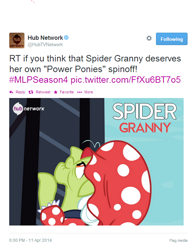 Size: 550x704 | Tagged: safe, granny smith, leap of faith, blind, official, spider-man, the hub, twitter